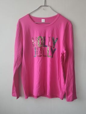 Source Unknown Bright Pink Long Sleeve 'HOLLY JOLLY' Sequin Tee